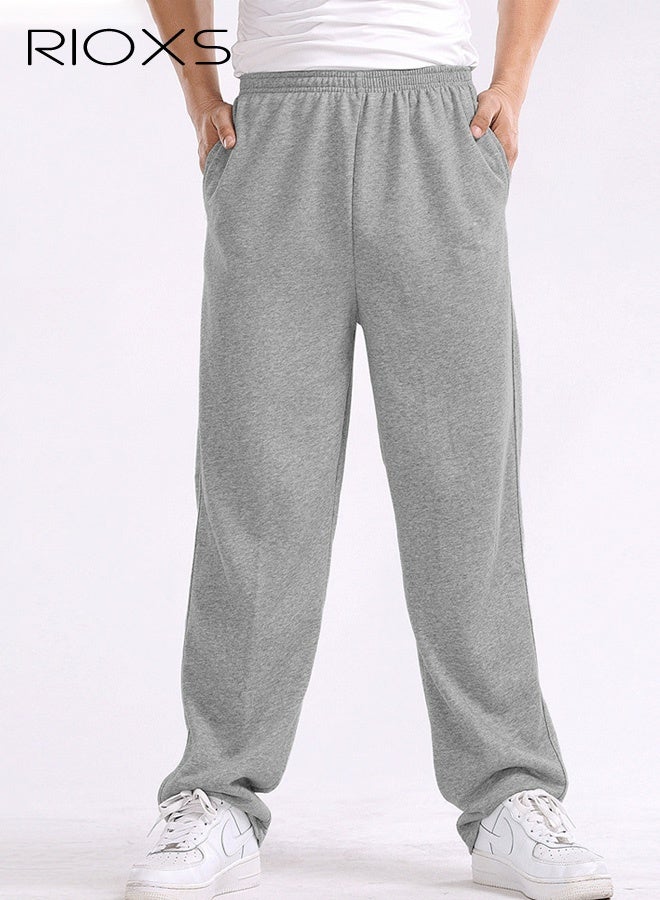 RIOXS 2Pcs Men's Cotton Sweatpants, Casual Open Bottom Straight Leg Athletic Pants, Loose Fit Elastic Waist Joggers with Zippered Pockets, Lightweight Lounge Sweat Pants for Workout Running Jogging Commuting, Black+Grey - Image 3